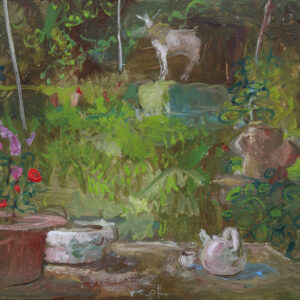 gvv, van der Vegt 'Tuin in Ruigoord 2' olieverf op paneel 20x22 cm.