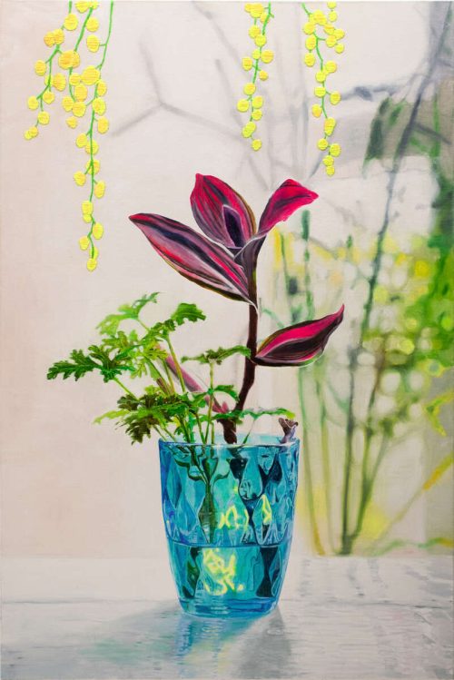 Nikkie le Nobel Small blue glass Oil on canvas & embroidery 150 x 100 cm.