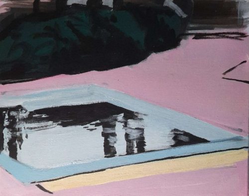 Monique Dukker Pink swimmingpool acrylverf op doek 40 x 50 cm.